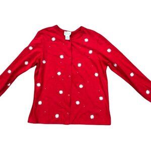 THE QUACKER FACTORY Women's Vintage Cardigan Sweater Jacket L Red Flowers Red‌‌‌
